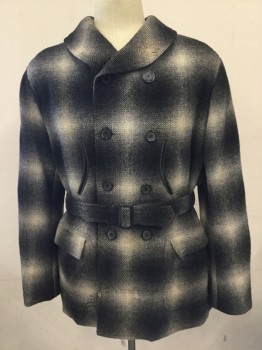 MTO, Black, Gray, Cream, Wool, Plaid, Heavy Winter Jacket/Coat in Large Scale Plaid. Double Breasted, Shawl Collar with MATCHING SELF BELT, 2 Patch Pockets with Flaps. 2 Curved Leather Trim Pockets at Waist Upper Front, 3 Belt Loops. Some Repair Detail at Collar Front Left and on Right Front Pocket. See Photo Detail, 1940's-1950's