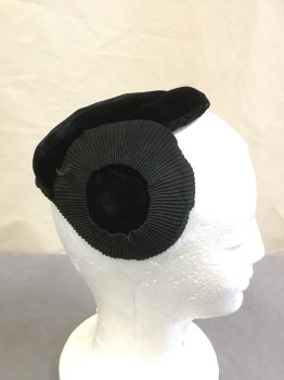 N/L, Black, Rayon, Solid, Velvet Cap with Pleated Ribbon Earmuff Detail,