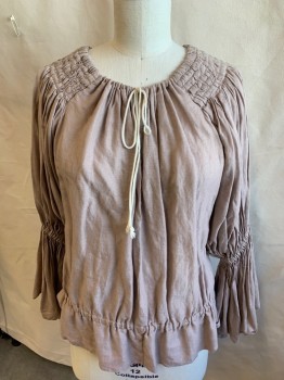 N/L, Mauve Pink, Linen, Cotton, Solid, Split Front with 3" Smocking Along Round Neck with Cream D-string, Gathered Long Sleeves with Big Ruffle, Elastic Waist with Ruffle Hem (DOUBLE) But This One is Clean