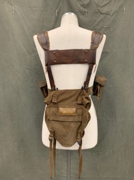 MTO, Brown, Leather, Cotton, Solid, Buckle Shoulder Straps with Blanket Stitching, Waist Belt, Detachable Large Canvas Bag on Back Belt, Smaller Detachable Canvas Bag Attached to Side Belt, Aged/Distressed, Post-Apocalyptic