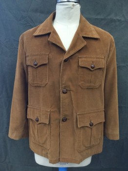 ENGLISH SQUIRE, Caramel Brown, Cotton, Solid, Corduroy, Single Breasted, Collar Attached, Notched Lapel, 4 Flap Pockets, Long Sleeves