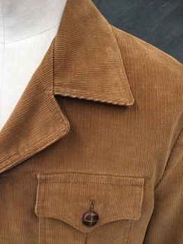 ENGLISH SQUIRE, Caramel Brown, Cotton, Solid, Corduroy, Single Breasted, Collar Attached, Notched Lapel, 4 Flap Pockets, Long Sleeves
