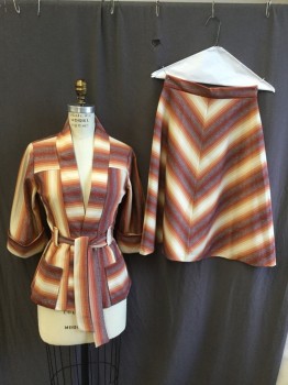 N/L, Dk Red, Orange, Lt Brown, Off White, Heather Gray, Polyester, Wool, Stripes - Vertical , Stripes - Horizontal , 2" Placket Trim Open Front, Yoke Front & Back, 3/4 Sleeves with Cuff, 2 Pockets with SELF Detached Belt, with Matching Skirt