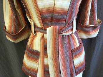 N/L, Dk Red, Orange, Lt Brown, Off White, Heather Gray, Polyester, Wool, Stripes - Vertical , Stripes - Horizontal , 2" Placket Trim Open Front, Yoke Front & Back, 3/4 Sleeves with Cuff, 2 Pockets with SELF Detached Belt, with Matching Skirt