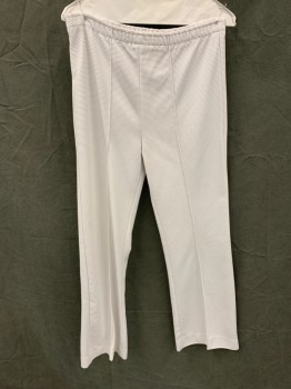 N/L, White, Polyester, Solid, 1970's/1980's Ribbed Knit, Elastic Waistband, Center Front Leg Seams