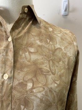 VENICE CUSTOM SHIRTS, Taupe, Cream, Sand, Silk, Floral, Taupe, Oatmeal, Sand Floral Pattern, Collar Attached, Button Front, Long Sleeves