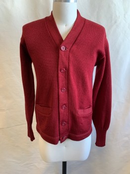 TODD CO, Red Burgundy, Wool, V-neck, Single Breasted, Button Front, 6 Buttons, 2 Pockets