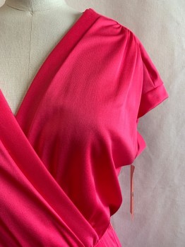 N/L, Hot Pink, Polyester, Solid, Knit, V-neck, Short Sleeves, Elastic Waistband