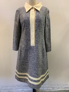 LORD & TAYLOR, Navy Blue, Beige, Wool, Tweed, Collar Attached, Button Front, Concealed Buttons, Beige Collar, Placket, & Hem Trim, Side Pocket, Long Sleeves