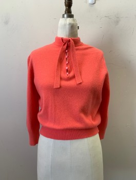 Darline Minklam, Pink, Wool, Fur, Solid, Bright Coral Pink , Short Waisted Sweater with Ribbing Knit on Collar with Matching Knit 1" Drawstring Detail , 6  Small "aspirin Sized Overdyed Pink Mother of Pearl Buttons Ribbed Waist and Cuffs. 2 Small Tiny Stains and ATiny Hole On Front Waistband