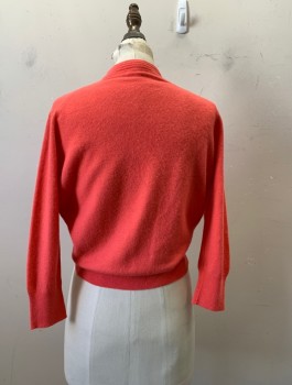 Darline Minklam, Pink, Wool, Fur, Solid, Bright Coral Pink , Short Waisted Sweater with Ribbing Knit on Collar with Matching Knit 1" Drawstring Detail , 6  Small "aspirin Sized Overdyed Pink Mother of Pearl Buttons Ribbed Waist and Cuffs. 2 Small Tiny Stains and ATiny Hole On Front Waistband
