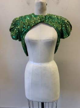 NO LABEL, Green, Emerald Green, Lime Green, Polyester, Silk, Zig-Zag , Cover Up, S/S, Shoulder Slit, Front Clips, Shoulder Pads, Round Cut, MTO