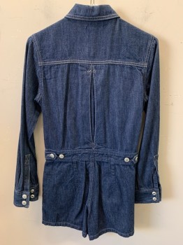 ALEXA CHUNG For AG, Indigo Blue, Cotton, Solid, Long Sleeves, Shorts, 4 Pockets, Adjustable Waist Buttons, Snap Front, Collar Attached,