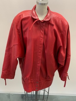 SIBYLLE LYN, Red, Leather, Solid, Peter Pan Collar, Snap Front, 2 Slant Pckts, Dolman Sleeve, Ties @ Neck & Sleeves, 2 Pckts In Band @ Bottom, Padded Shoulders