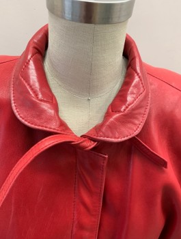 SIBYLLE LYN, Red, Leather, Solid, Peter Pan Collar, Snap Front, 2 Slant Pckts, Dolman Sleeve, Ties @ Neck & Sleeves, 2 Pckts In Band @ Bottom, Padded Shoulders