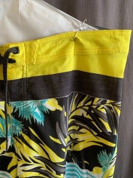 RIPCURL, Yellow, Black, White, Turquoise Blue, Polyester, Elastane, Tropical , Stripes, Lace Up Waistband, Pocket With Flap And Velcro