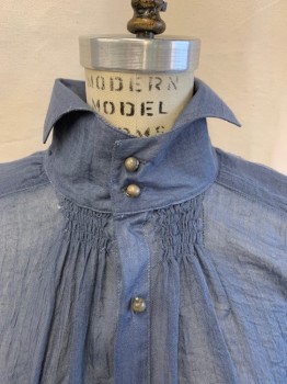 NL, Slate Blue, Cotton, Solid, C.A., Button Front, L/S, Smocking At Front & Back Neck, Shoulders & Sleeves, No Buttons On Sleeves,