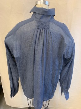 NL, Slate Blue, Cotton, Solid, C.A., Button Front, L/S, Smocking At Front & Back Neck, Shoulders & Sleeves, No Buttons On Sleeves,