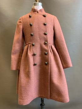 Lanvin, Dusty Pink, Wool, 2 Color Weave, Girls Coat, 12 Buttons, Double Breasted, Stand Collar, Inverted Pleat,