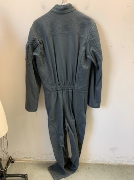 N/L, Gray, Synthetic, Solid, Bumpy Textured, Long Sleeves, Full Legs, Stand Collar, Zip Front, Various Ribbed Panels, and Pockets/Compartments, Elastic Panel At Center Back Waist, Made To Order, Aged/Distressed,