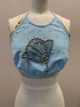 NO LABEL, Baby Blue, Gold, Polyester, Solid, Halter Top, Neck And Back Tie, Gold Trim, Gold And Blue Rhinestones And Studs, Flower Shaped, Made To Order,