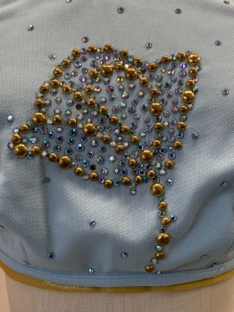 NO LABEL, Baby Blue, Gold, Polyester, Solid, Halter Top, Neck And Back Tie, Gold Trim, Gold And Blue Rhinestones And Studs, Flower Shaped, Made To Order,