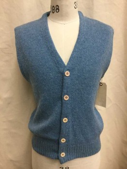 ROBERT BRUCE, Baby Blue, Wool, Heathered, V-neck, Single Breasted, 5 Light Tan Button Front, Ribbed Knit Hem,