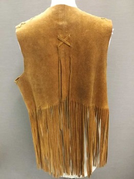 ARCO SALES, Caramel Brown, Suede, Solid, Cropped Length, Open Center Front, W/Self Ties, Fringe At Hem, Self X's Embroidery At Shoulders & Center Back, Late 1960's Hippie