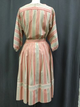 VICTOR COSTA LTD., Coral Pink, White, Lt Blue, Lt Gray, Khaki Brown, Cotton, Stripes - Vertical , Stripes - Horizontal , Shallow Scoop Neck, 3/4 Sleeve with Elastic, 8 Rows of 1/4" Stitched Pleating Center Front Starting Below Front Yolk, Faux Center Back Closure with 2 Buttons, Front and Back Yolks are Horizontal Stripe, Body of Blouse is Vertical Stripe, the Skirt Length is Just Below the Knee, Skirt Has a 1.5" Waistband in Horizontal Stripes, Side Pocket on Both Sides, 2" Band in Horizontal Stripe 6" Above Hem,