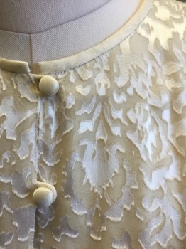 KAY UNGER, Cream, Silk, Rayon, Floral, Burnout Satin Floral Pattern, Long Sleeves, Padded Shoulders, Round Neck,  7 Satin Covered Buttons at Front Upper Torso, Waist to Floor is Open at Center Front, with Panels with High Slits at Each Side, Late 1980's/Early 1990's