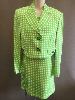 GIANNI VERSACE, Lime Green, White, Silk, Rayon, Gingham, Long Sleeves, Peaked Lapel, 2 Large Lime Circular Buttons with Bronze Greek Key Pattern Edge, 2 Faux Pockets with Similar Buttons, Shoulder Pads, Solid Lime Lining