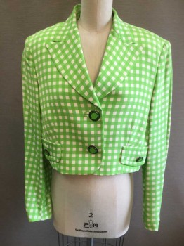 GIANNI VERSACE, Lime Green, White, Silk, Rayon, Gingham, Long Sleeves, Peaked Lapel, 2 Large Lime Circular Buttons with Bronze Greek Key Pattern Edge, 2 Faux Pockets with Similar Buttons, Shoulder Pads, Solid Lime Lining