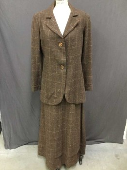 MTO, Brown, Orange, Ivory White, Dk Brown, Wool, Tweed, Plaid-  Windowpane, Made To Order, Single Breasted, Notched Lapel, 2 Buttons,