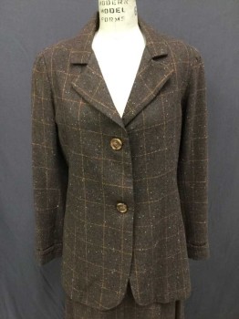 MTO, Brown, Orange, Ivory White, Dk Brown, Wool, Tweed, Plaid-  Windowpane, Made To Order, Single Breasted, Notched Lapel, 2 Buttons,