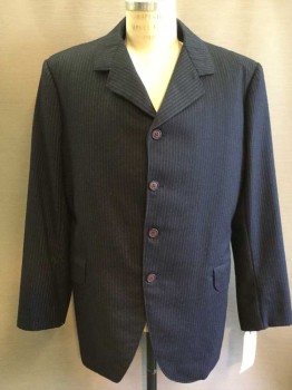 NO LABEL, Navy Blue, Lt Blue, Wool, Stripes - Pin, Single Breasted, 4 Buttons, 2 Pockets with Flaps,