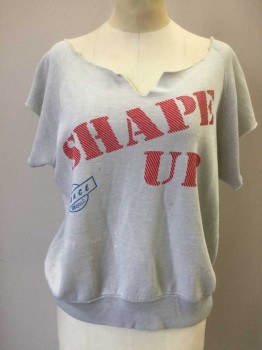 N/L, Lt Gray, Red, Royal Blue, Polyester, Cotton, Graphic, Solid, Pull Over, Cut Work Lace, Out Neck, Raglan Cut Off Sleeves, Rib Knit Waistband, "Shape Up" Center Front, Some Bleach Spots