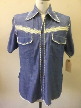 VELOSOS GIFT SHOP, French Blue, White, Cotton, Polyester, Solid, Diamonds, Chambray, Short Sleeves, Button Front, Collar Attached, Crochetted Blanket Stitched Edge Trims and Chest Band Stripe
