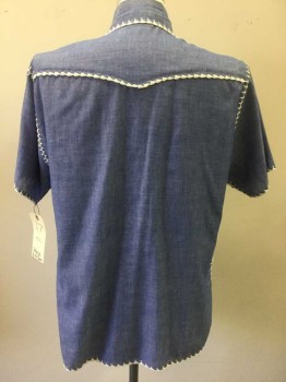 VELOSOS GIFT SHOP, French Blue, White, Cotton, Polyester, Solid, Diamonds, Chambray, Short Sleeves, Button Front, Collar Attached, Crochetted Blanket Stitched Edge Trims and Chest Band Stripe