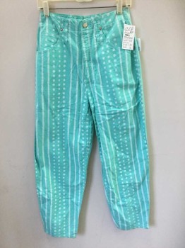 SQUEEZE, Sea Foam Green, White, Cotton, Stripes - Vertical , Dots, High Rise, Tapered Leg, Zip Fly, 5 Pocket