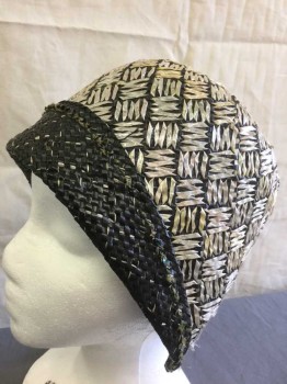 N/L, Black, Lt Gray, Straw, Basket Weave, Cloche, Black with Shiny Light Gray Straw Woven in 5 Line Squares Pattern, Rolled Solid Black Brim, No Lining, **Straw is Worn in Some Spots