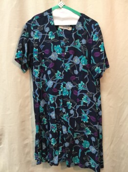 HONORS, Navy Blue, Blue, Green, Turquoise Blue, Purple, Rayon, Floral, Button Front, V-neck, Short Sleeves,