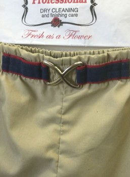 JANZEN, Khaki Brown, Navy Blue, Maroon Red, Poly/Cotton, Solid, Swim Trunks, Khaki Solid with Maroon Piping at Outseams, Maroon and Navy 1" Wide Belt Detail Attached at Center Front Waist with Silver Figure 8 Shaped Buckle, Elastic Waist, 3" Inseam, 70's/80's