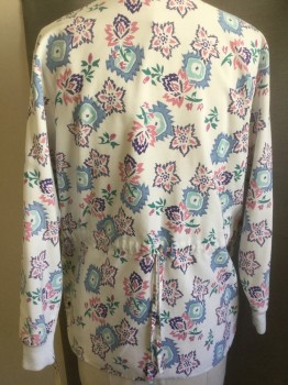 NURSE MATES, Cream, Turquoise Blue, Blue, Pink, Purple, Polyester, Cotton, Floral, Novelty Pattern, Long Sleeves, Snap Front, 2 Pocket,