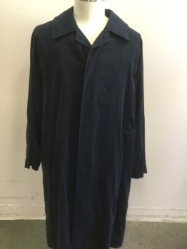 BURBERRY, Navy Blue, Polyester, Nylon, Solid, Notched Lapel, Hidden Placket Button Front, Pockets, Black/grey/red Plaid Lining