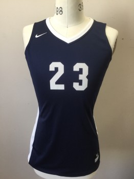 NIKE DRI FIT, Navy Blue, White, Polyester, Color Blocking, Navy with White V-neck, White Panels at Sides with Navy Stripes, Sleeveless, "23" at Front and Back