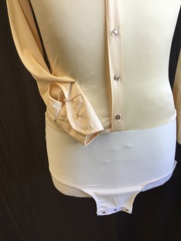 FOX 101, Peach Orange, Cream, Polyester, Solid, Text, Collar Attached, Button Front, Long Sleeves, with Cream Leotard Bottom Attached, Snap Bottom, Gold Glitter "SWEET WATER ROLLERS" in the Back, Multiples,