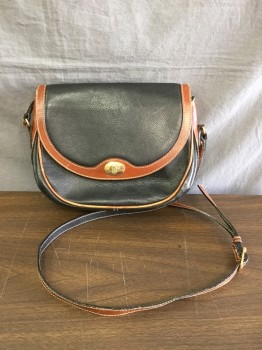 BALLY, Black, Brown, Leather, Shoulder Purse, Adjustable Strap, Pebbled Black with Brown Trim, Flap Closure with Gold Hardware