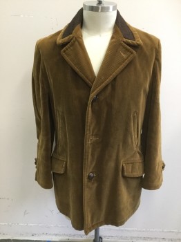 OAKBROOK, Caramel Brown, Cotton, Acrylic, Solid, Corduroy, 3 Buttons,  Collar Attached with Brown Knit Interior, 3 Buttons (1 Missing),  4 Pockets, Button Tab Detail at Cuff