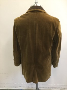 OAKBROOK, Caramel Brown, Cotton, Acrylic, Solid, Corduroy, 3 Buttons,  Collar Attached with Brown Knit Interior, 3 Buttons (1 Missing),  4 Pockets, Button Tab Detail at Cuff
