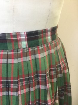 N/L, Green, Brick Red, Black, White, Red, Cotton, Plaid, 1" Wide Waistband, Pleated, Mid Calf Length, A-Line